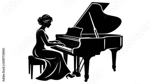 Woman Playing Grand Piano Silhouette - Elegant Music Performance