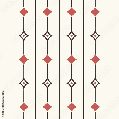 Schilderij op canvas Vertical Black Lines with Red Diamond Shapes and Outlined Rhombuses on Cream Sur