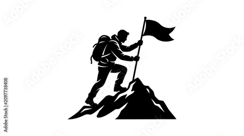 Silhouette of a climber planting a flag on a mountain peak, symbolizing achievement and success.