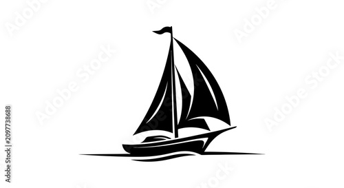 Schilderij op canvas Silhouette of a sailboat with full sails on calm water, black and white vector i