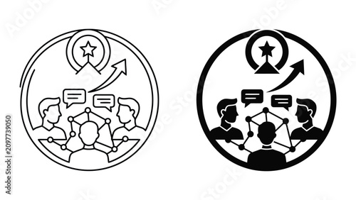 Team leadership and strategic growth discussion business icons with leadership