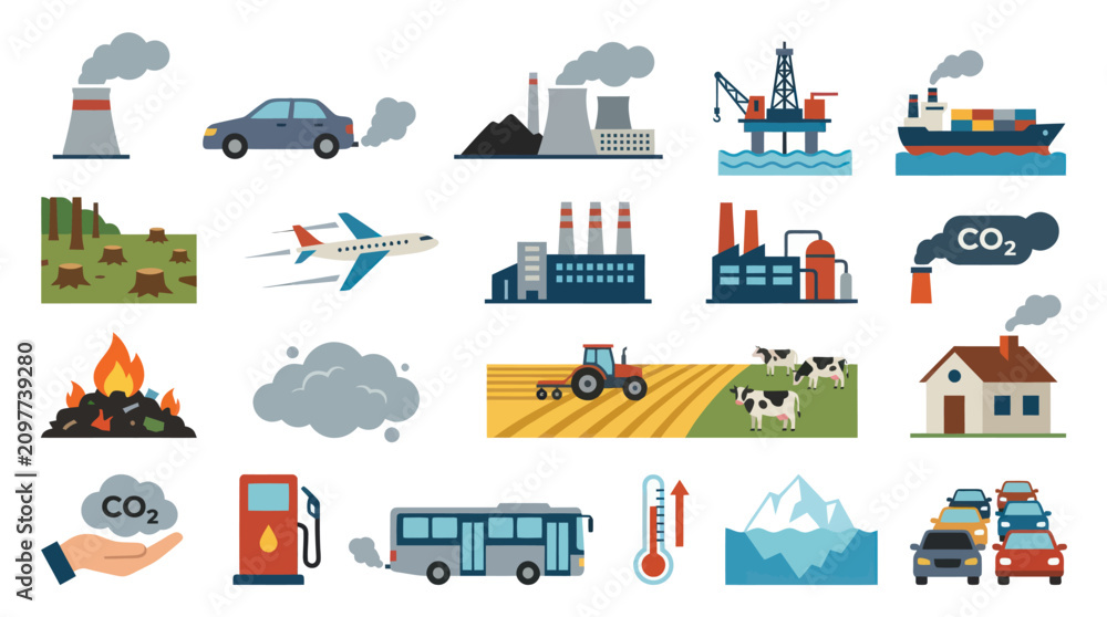 Naklejka premium Climate Change and Pollution Flat Vector Icons Set. Environmental Warming Causes, Effects, and Industry Emissions Symbols