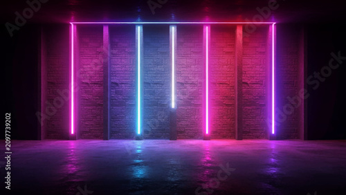 Dark room with textured brick wall, illuminated by vertical neon light strips in vibrant shades of pink, purple, and cyan blue colors