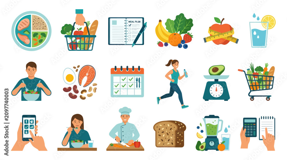 Fototapeta premium Healthy Lifestyle Flat Icons: Food, Exercise, Meal Plan, Nutrition