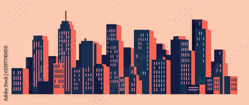Fotografi Stylized cityscape silhouette with towering buildings and warm background, vector illustration