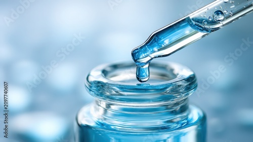Medicine dropper releasing blue liquid into glass vial
