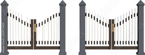 Classical Wooden Driveway Gate Clipart Set Featuring Symmetrical Double Swing Pickets Pillars and Brass Handle Latches