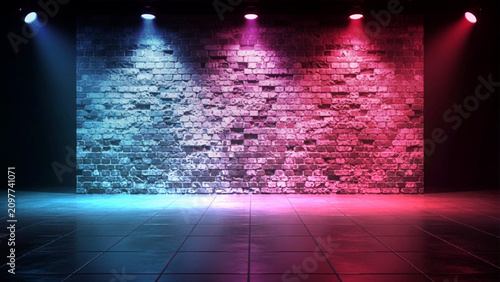 Old brick wall background, illuminated by blue, and red spotlights, dark studio stage, with reflective tiled, floor and dramatic lighting