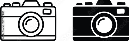 Two minimalist camera icons illustrating both outline and solid filled designs for photography applications web elements