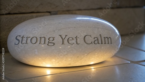 Smooth Stone with Engraved Words Strong Yet Calm Illuminated on a Natural Background Reflecting Serenity and Balance