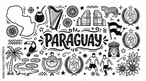 Paraguay South America Travel Icons in Black and White Hand Drawn Doodle Style