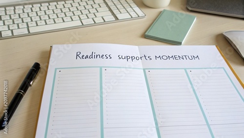 Workspace with Notebook, Pen, and Keyboard Illustrating Readiness Supports Momentum for Productivity Focus