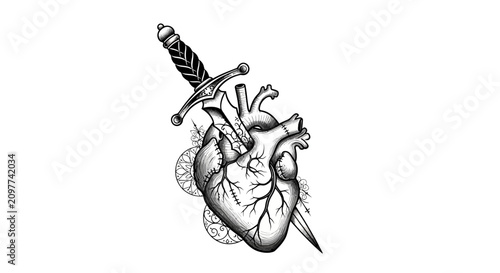 Fotografie Anatomical heart pierced by a sword with decorative elements.