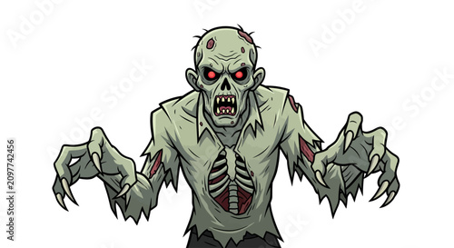 Фотография Menacing zombie character reaching out with terrifying red eyes.
