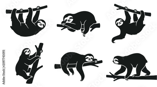 Sloths hanging from tree branches. Sloth silhouettes climbing and relaxing.