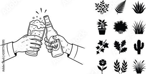 Quadro su tela Set of beer clinking hands line art and plant silhouettesSet of beer clinking ha