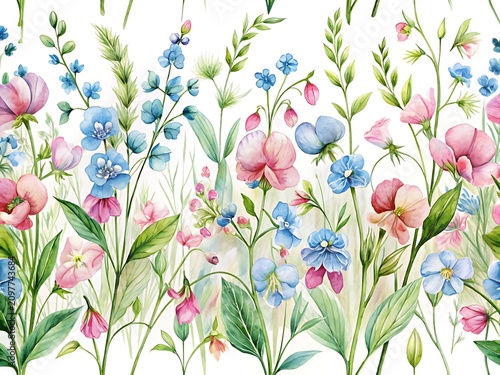 Watercolor seamless pattern of delicate pink and blue wildflowers on a white background