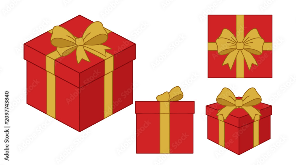 Fototapeta premium Collection of red gift boxes with gold ribbons and bows in various isometric and flat perspectives