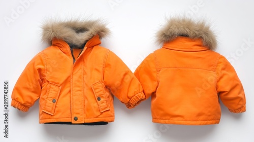 Two vibrant orange jackets designed for children hang against a clean background. The fur-lined hoods add warmth and charm, making them perfect for cold weather adventures