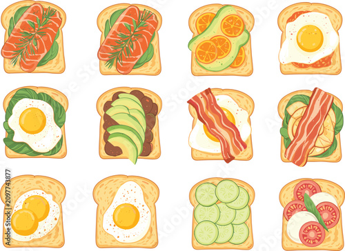 Breakfast Toast Collection, Healthy Sandwich Vector Illustration Set for Brunch Menu Food Design Elements Collection