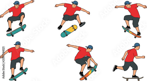 Tableau sur toile Skateboarder vector character set performing tricks jumping ollie kickflip pushi