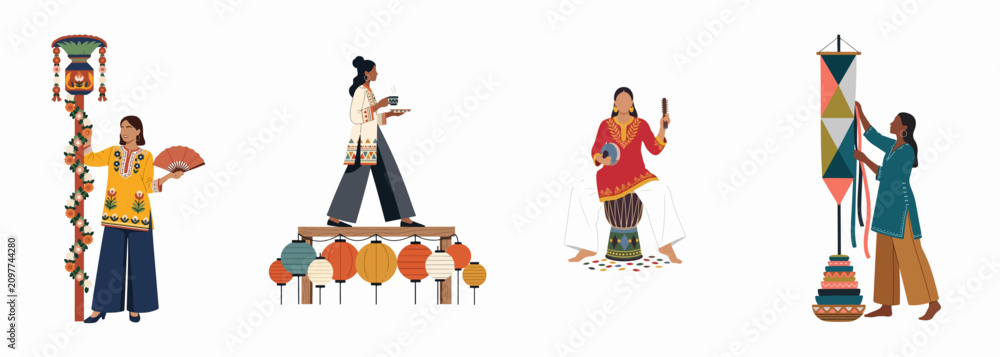 Fototapeta premium Set of Indian women in ethnic outfits celebrating traditional festivals and culture, featuring music, lanterns, and folk decorations in flat illustration style.