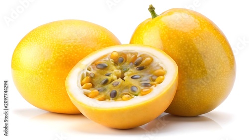 Whole and Halved Yellow Passion Fruit Isolated on a White Background maracuya tropical fruit