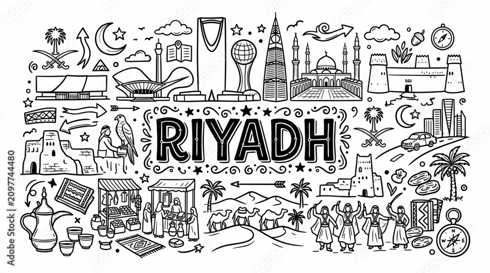 Obraz premium Riyadh Saudi Arabia Travel Icons in Black and White Hand Drawn Doodle Style