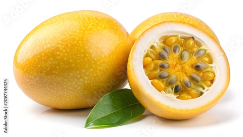 Whole and Halved Yellow Passion Fruit with Green Leaf on White Background maracuya
