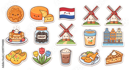 Cute Dutch Food Sticker Pack – Stroopwafel, Gouda Cheese and Netherlands Icons Kawaii Flat Illustration Set