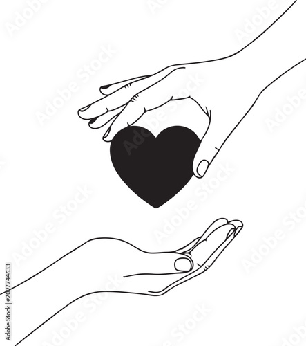 Hands Holding a Black Heart Symbolizing Love and Connection in a Simple Line Drawing Illustration Featuring Emotional Bond, Affection Symbol