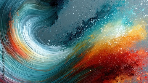 Abstract oil painting background with flowing wave of blue red and orange paint