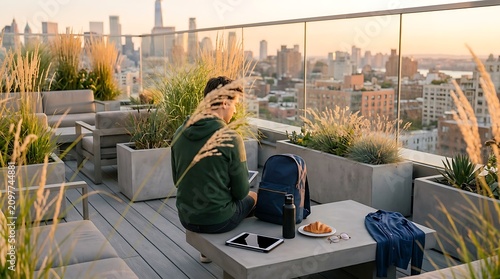 Rear view of man with backpack sitting on modern city rooftop terrace with breakfast