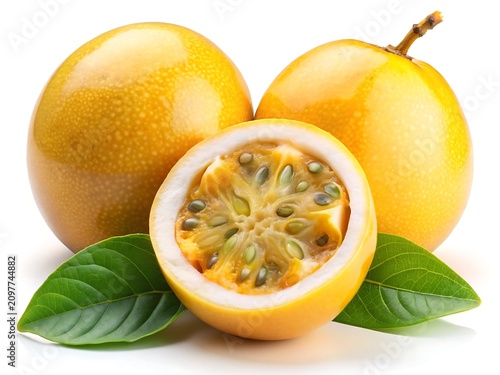Whole and Sliced Yellow Passion Fruit with Green Leaves Isolated on White Background