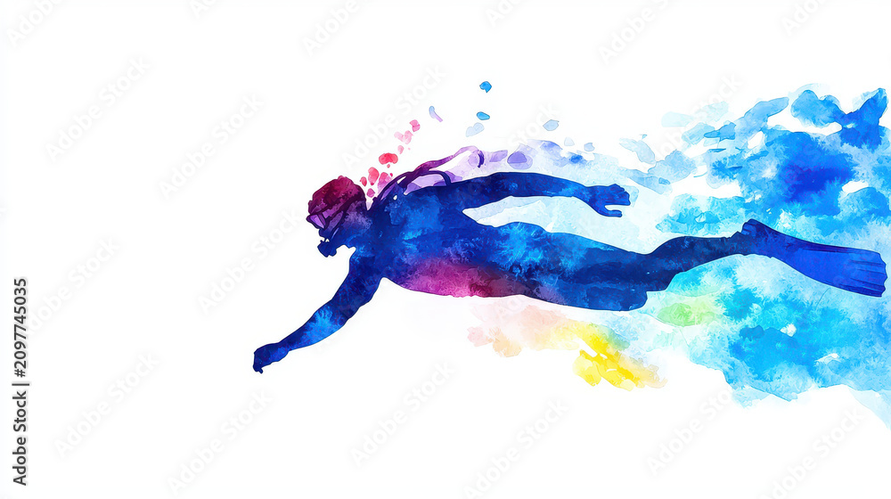 Fototapeta premium Watercolor diver gracefully swims through vibrant splashes of color, embodying essence of underwater exploration and adventure