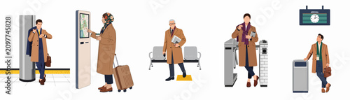 Fotografie Flat illustration set of diverse people traveling and commuting in a modern transportation hub like an airport or train station