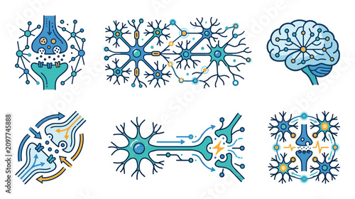 Foto Neuron Network and Brain Science Icons: Synapse, Axon, Dendrite, Neural Communic