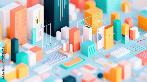 Modern cityscape with colorful buildings, data visualization elements, and abstract architecture creating vibrant urban environment