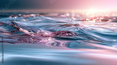 Luminous Abstract Water Waves Reflecting Pink and Blue Sunset Hues with Bokeh Effect