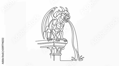 Quadro su tela Gargoyle statue spouting water from mouth on architectural column, line art