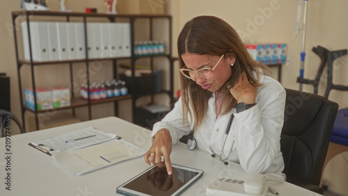 Картината върху платно Middle age woman doctor with eyeglasses and stethoscope rubs forehead with hand while sorting charts and tablet on desk in clinic building; stress paperwork