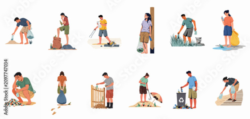 Schilderij op canvas A collection of illustrations depicting people struggling with waste, cleaning up litter, and the emotional burden of environmental pollution and poverty