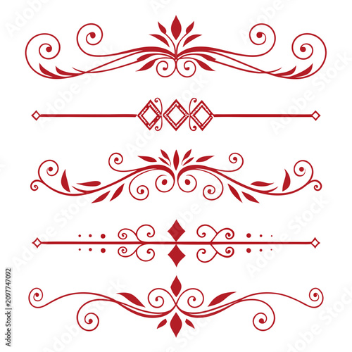 Bild auf Leinwand Collection of decorative red dividers with diamond shapes swirls and floral accents perfect for formal document headers certificate borders or elegant paper goods design project assets today