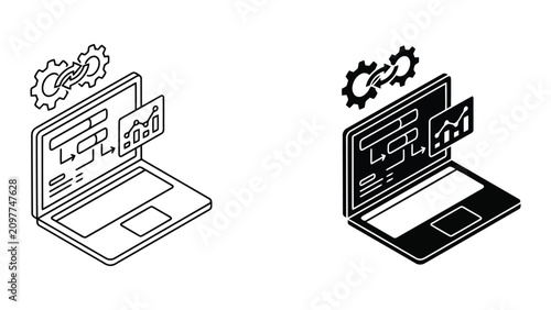 Laptop data analysis system optimization icon set with computer, analysis