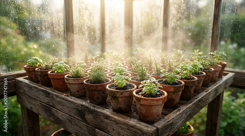 Potted Herbs in Greenhouse with Mist Steam, Rainy Window, Sunlight
