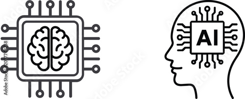 Artificial intelligence icon set with brain microchip, human head profile outline vector illustration design