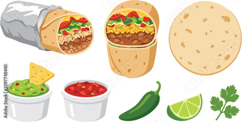 Fotografía Mexican burrito vector illustration set featuring wrapped foil burrito halved wr