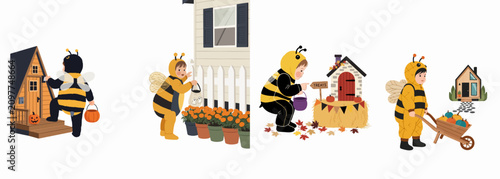 Bild auf Leinwand Collection of four illustrations featuring a toddler in a bumblebee costume enjoying Halloween activities like trick-or-treating and autumn harvest