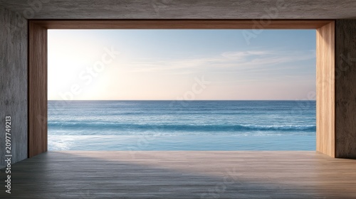 Empty wooden room framing beautiful ocean sunset view.