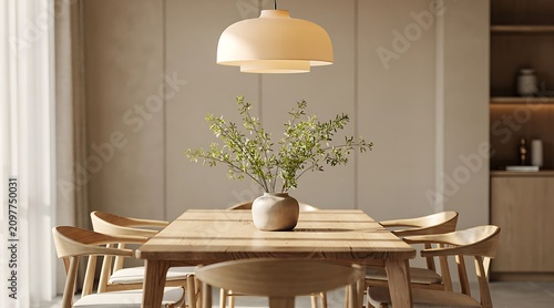 Modern Dining Room Interior with Wooden Table and Chairs Illuminated by Pendant Light.